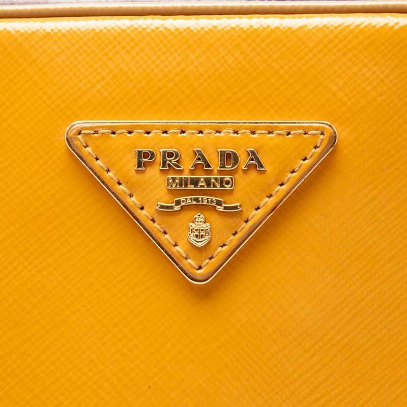 Prada Bicolor Saffiano Vernice Pyramid Frame Handbag Yellow Leather Very good condition - Box View