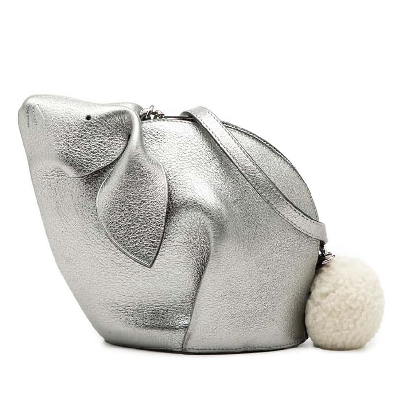 LOEWE Mini Metallic Calfskin Shearling Bunny Crossbody Silver Leather Very good condition - Front View