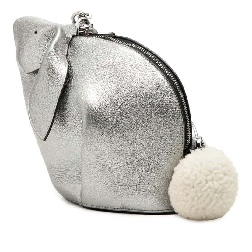 LOEWE Mini Metallic Calfskin Shearling Bunny Crossbody Silver Leather Very good condition - Back View
