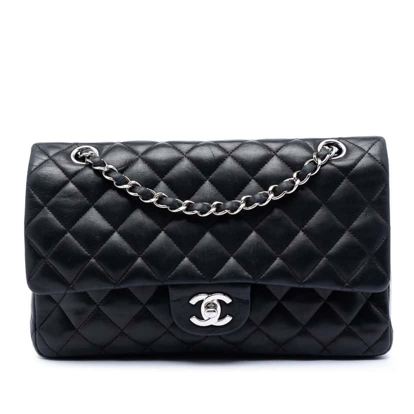 Chanel Medium Classic Lambskin Double Flap Black Leather Very good condition - Front View