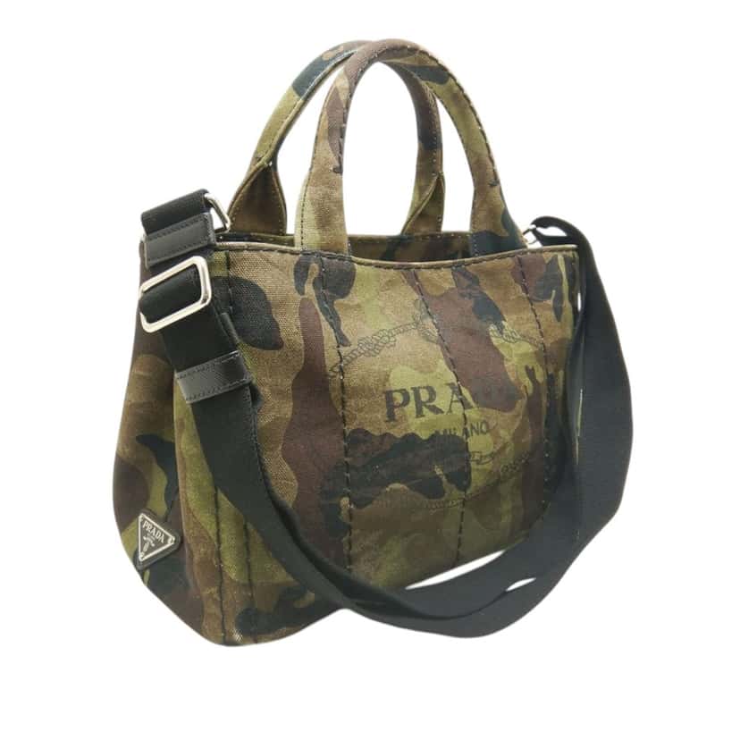 Prada Small Canvas Canapa Logo Camouflage Satchel Brown Very good condition - Back View
