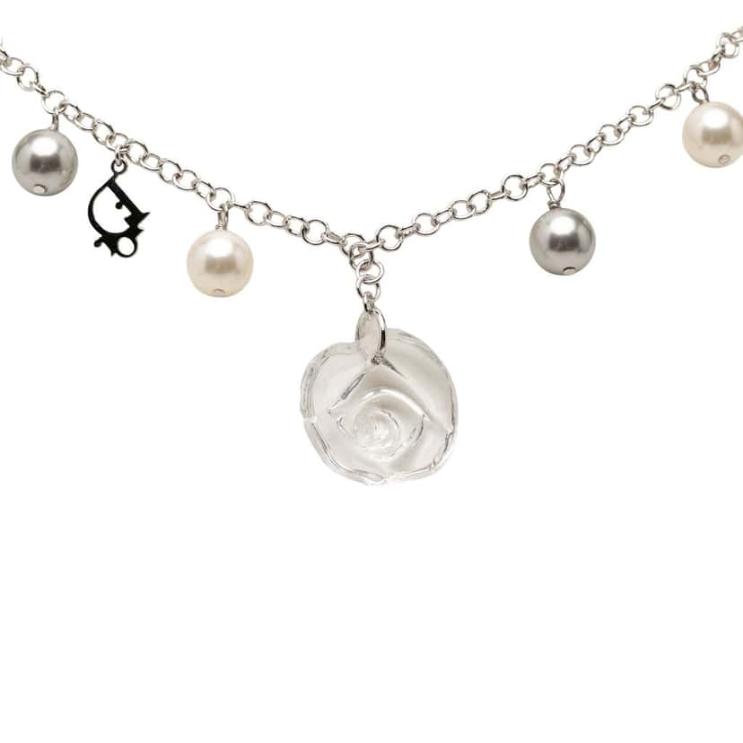 Dior Brass Faux Pearl Rose Pendant Necklace Silver Metal Very good condition - Back View