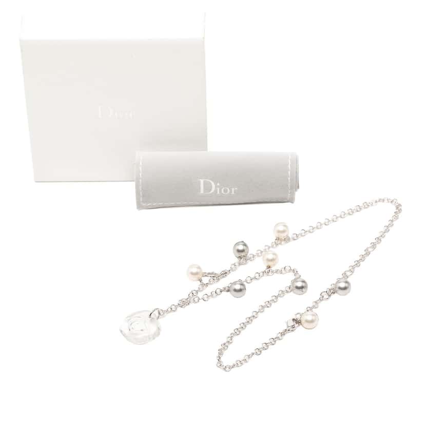 Dior Brass Faux Pearl Rose Pendant Necklace Silver Metal Very good condition - Box View
