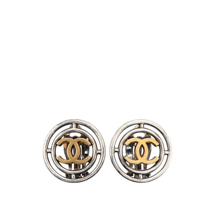 Chanel CC Brass Round Wheel Clip On Earrings Silver Metal Very good condition - Front View