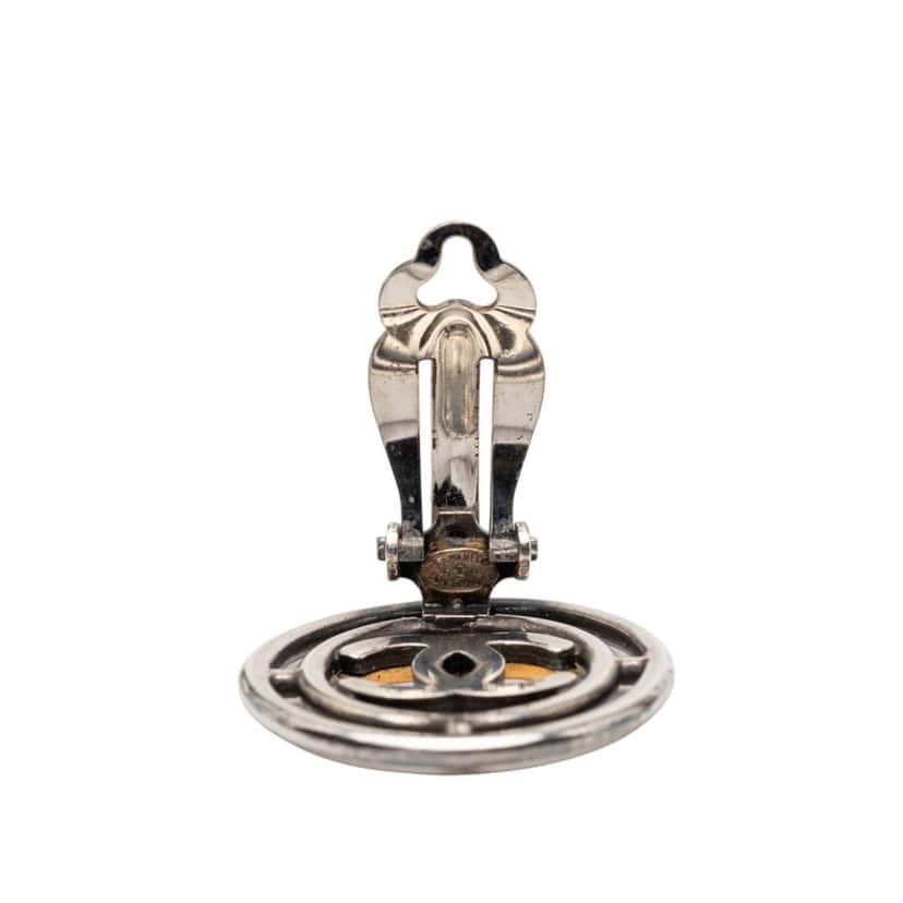 Chanel CC Brass Round Wheel Clip On Earrings Silver Metal Very good condition - Box View