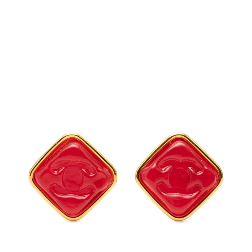 Chanel CC Gold Plated Gripoix Diamond Shape Clip On Earrings Gold Metal Very good condition - Front View