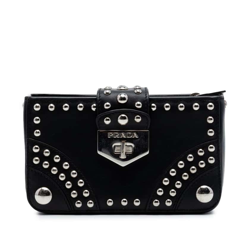 Prada City Calfskin Studded Elektra Turn Lock Clutch Black Leather Very good condition - Front View