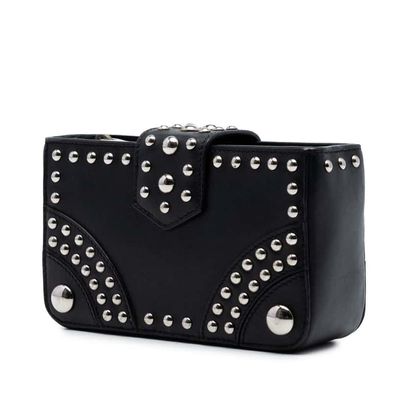 Prada City Calfskin Studded Elektra Turn Lock Clutch Black Leather Very good condition - Back View