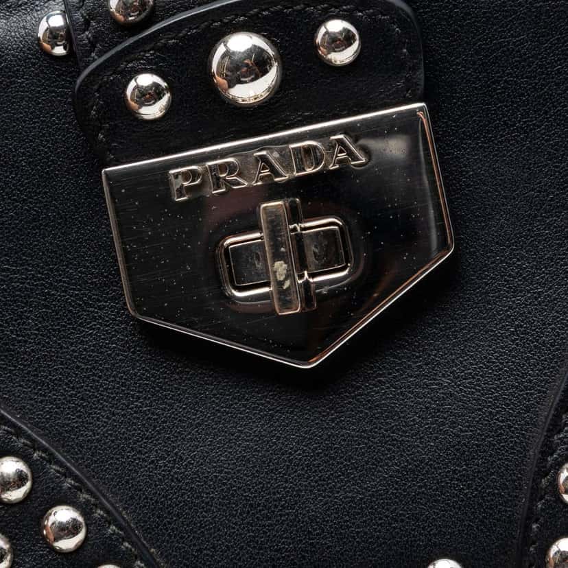 Prada City Calfskin Studded Elektra Turn Lock Clutch Black Leather Very good condition - Box View