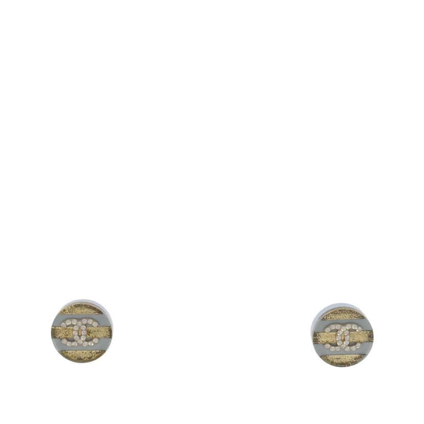 Chanel CC Gold Plated Resin and Strass Striped Push Back Earrings Gold Metal Very good condition - Front View
