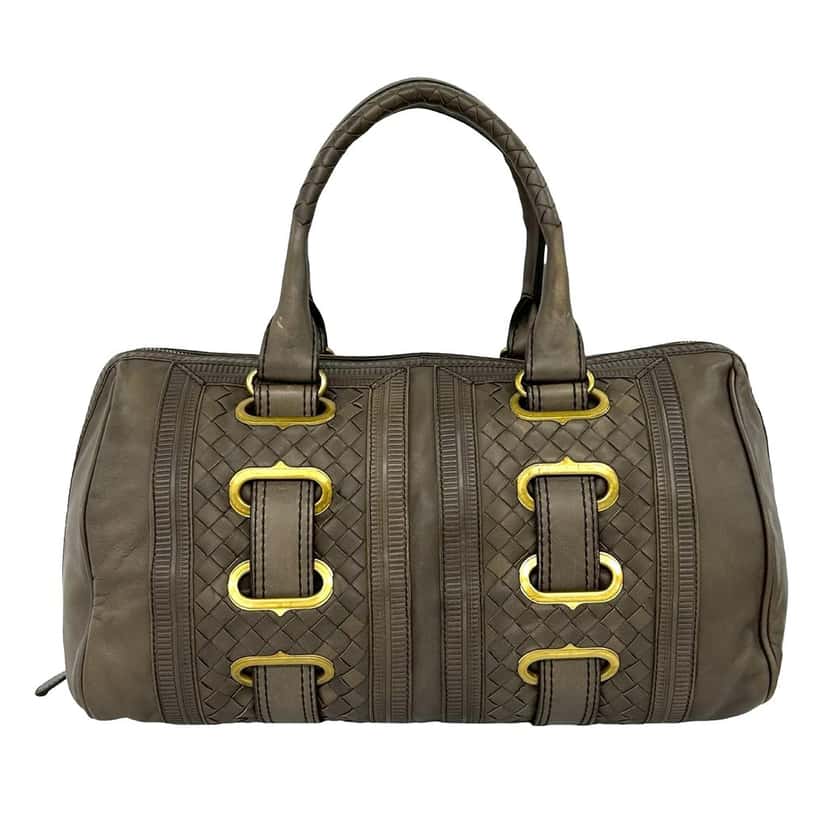 Bottega Veneta Intrecciato Trimmed Nappa Accordion Satchel Brown Leather Very good condition - Front View