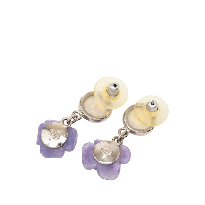 Chanel CC Brass and Resin Camellia Drop Push Back Earrings Silver Metal Very good condition - Back View