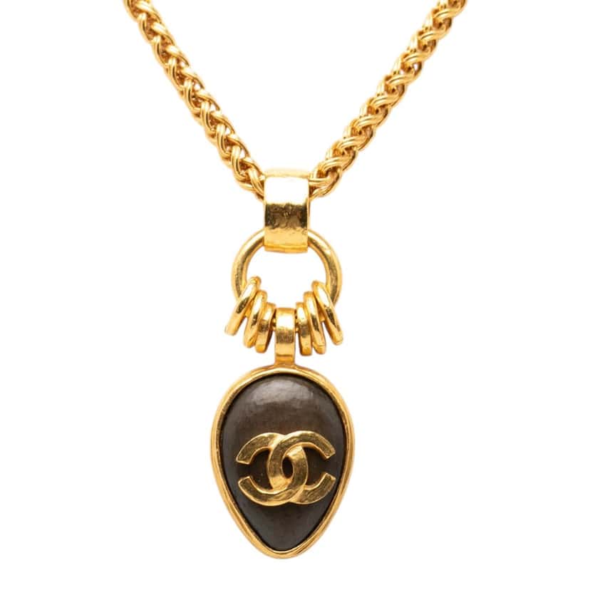 Chanel CC Gold Plated Wood Pendant Necklace Gold Metal Very good condition - Back View