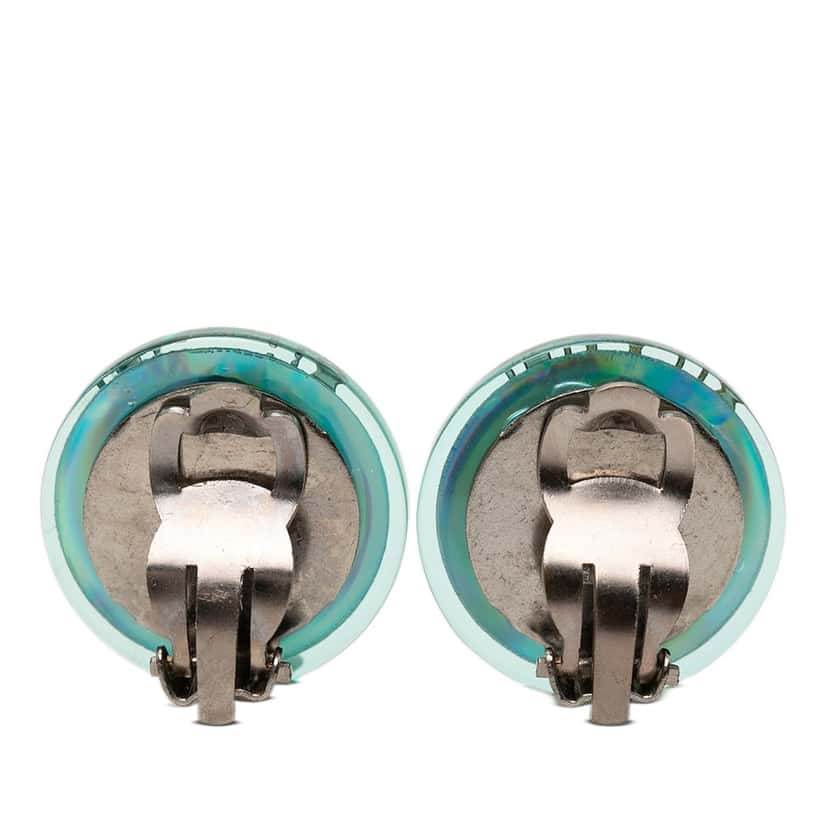Chanel Brass and Resin Logo Aurora Round Pyramid Clip on Earrings Blue Plastic Very good condition - Back View