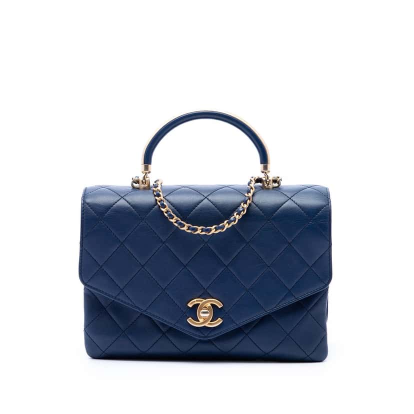 Chanel CC Quilted Calfskin Metal Top Handle Envelope Flap Blue Leather Very good condition - Front View