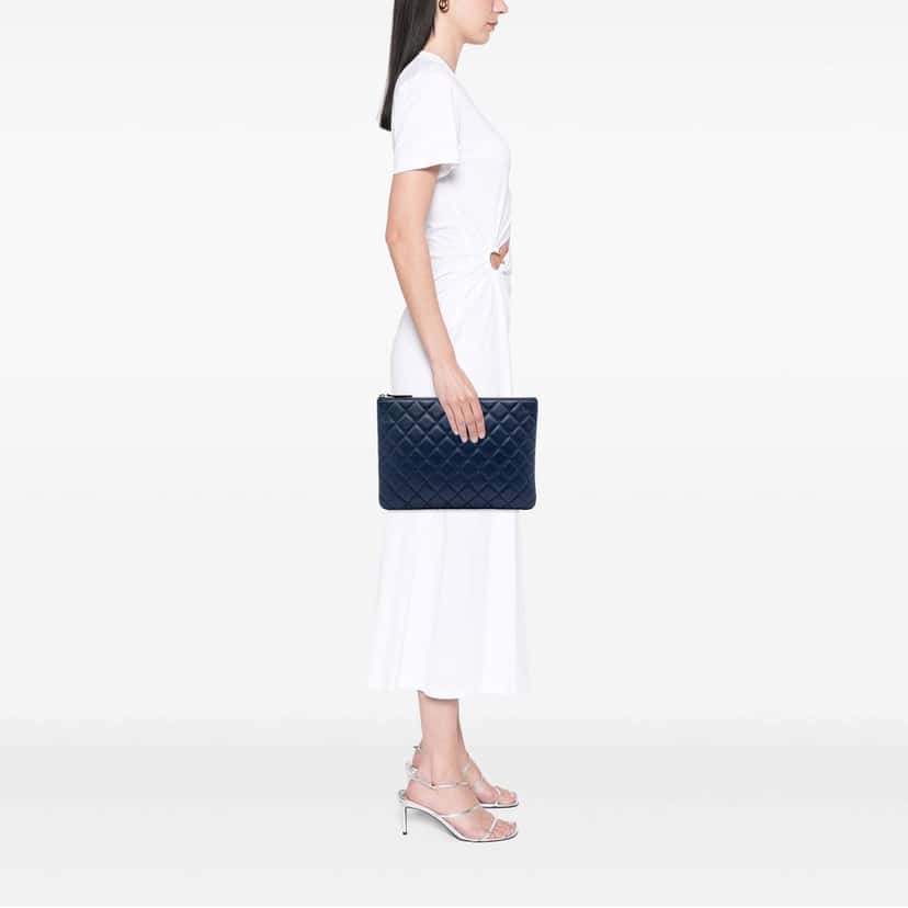 Chanel Medium Quilted Lambskin O Case Clutch Blue Leather Very good condition - Box View