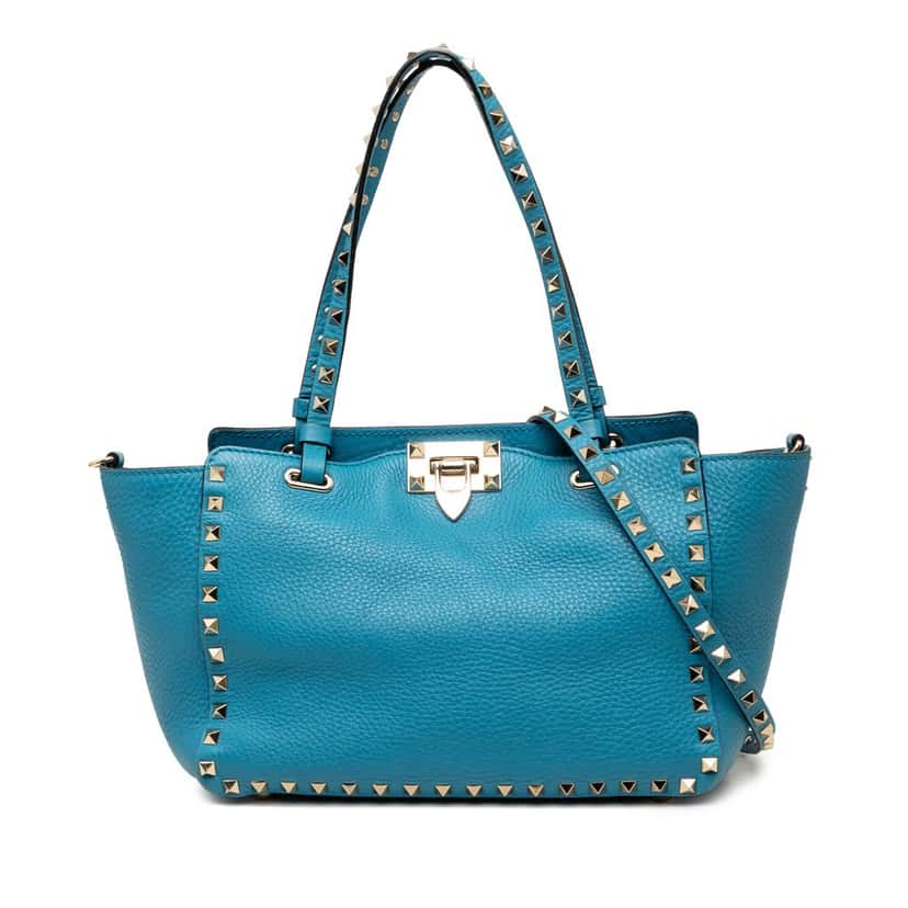 Valentino Small Grained Calfskin Rockstud Trapeze Satchel Blue Leather Very good condition - Front View