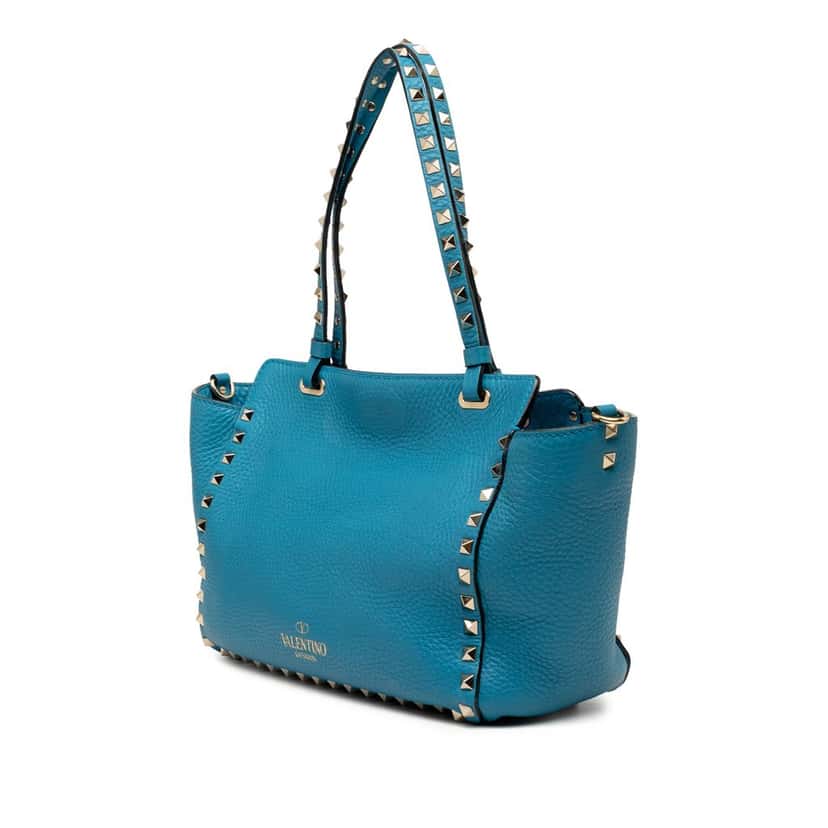 Valentino Small Grained Calfskin Rockstud Trapeze Satchel Blue Leather Very good condition - Back View