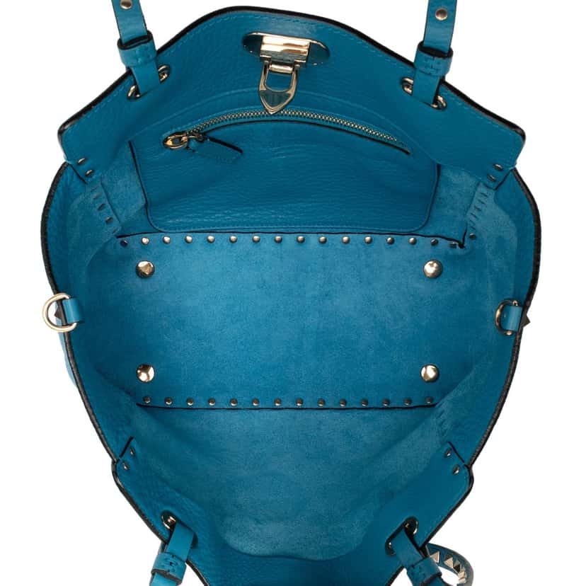 Valentino Small Grained Calfskin Rockstud Trapeze Satchel Blue Leather Very good condition - Model View