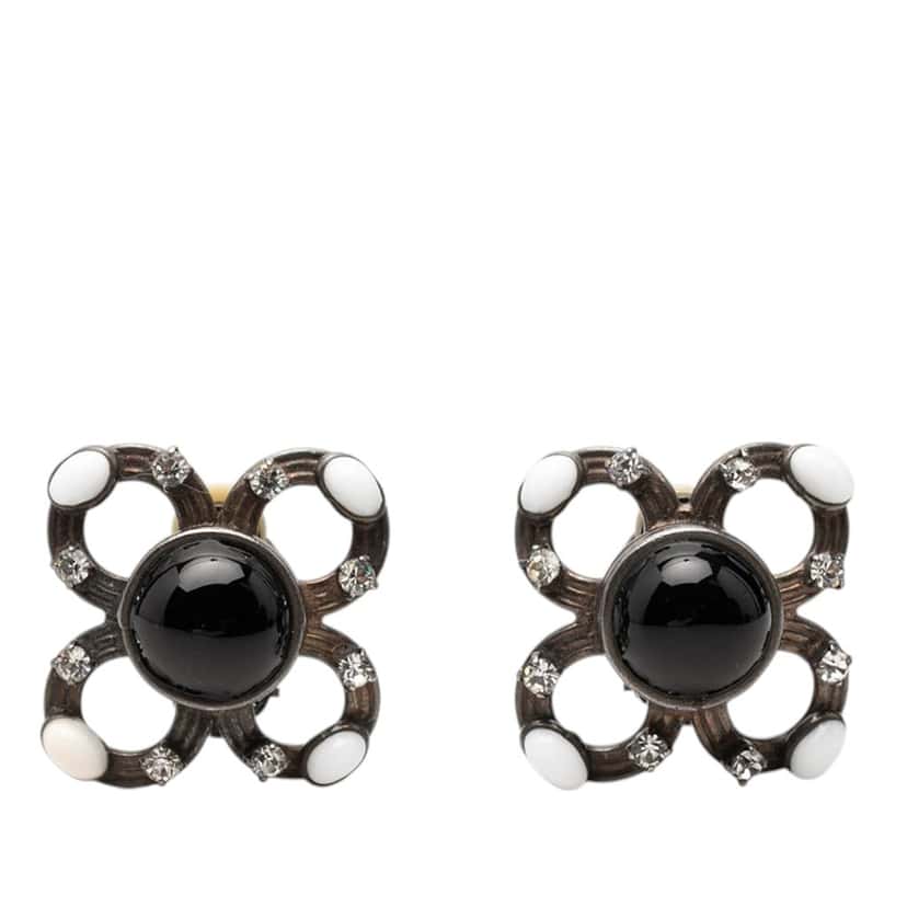 Chanel Brass Cabochon Enamel Strass Clip On Earrings Silver Metal Very good condition - Front View