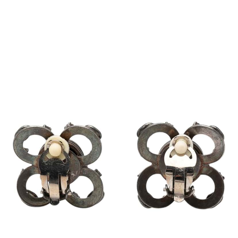 Chanel Brass Cabochon Enamel Strass Clip On Earrings Silver Metal Very good condition - Back View