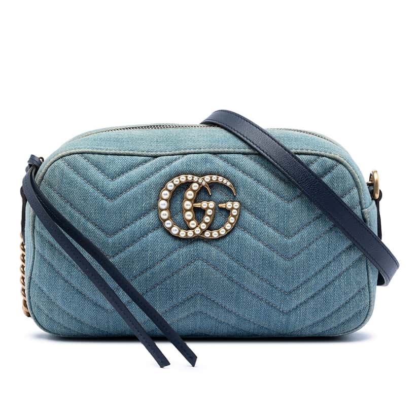 Gucci Small GG Marmont Matelasse Denim Pearly Crossbody Blue Very good condition - Front View