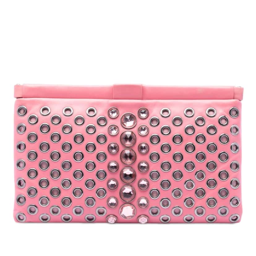 Miu Miu Nappa Grommet Crystal Embellished Clutch Pink Leather Very good condition - Front View