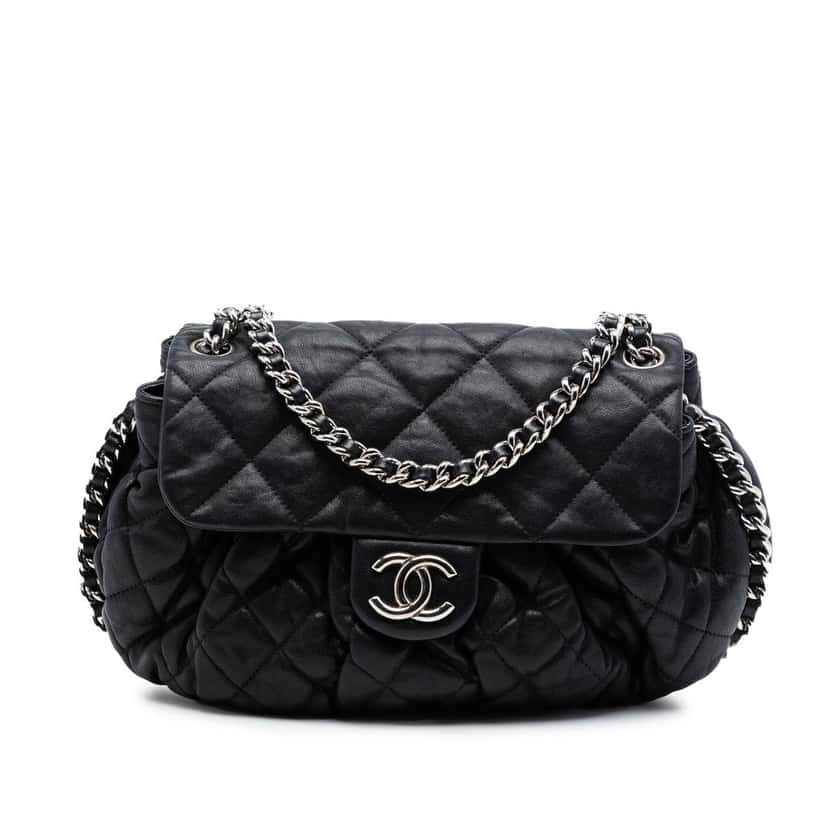 Chanel CC Quilted Lambskin Chain Around Flap Black Leather Very good condition - Front View