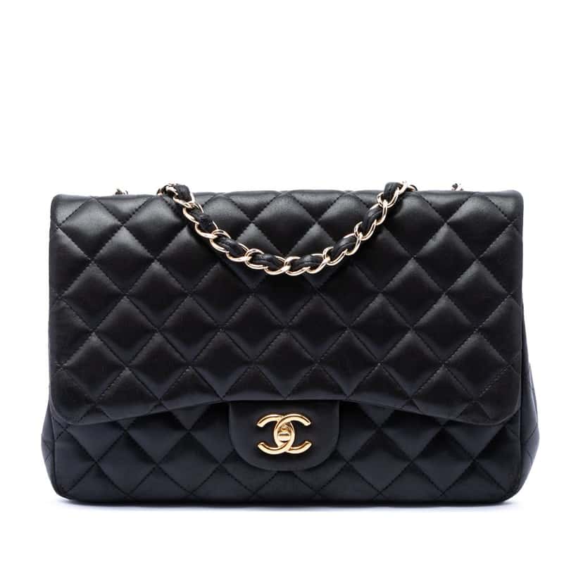 Chanel Jumbo Classic Lambskin Single Flap Black Leather Very good condition - Front View