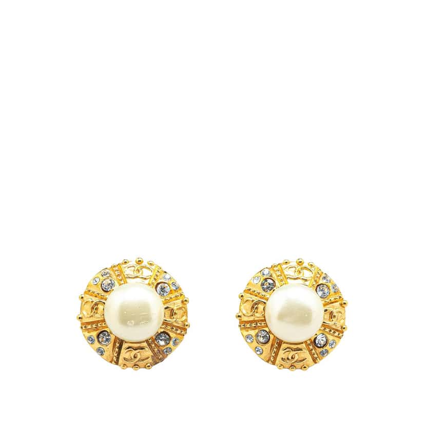 Chanel Gold Plated Round Faux Pearl Rhinestones Clip on Earrings Gold Metal Very good condition - Front View
