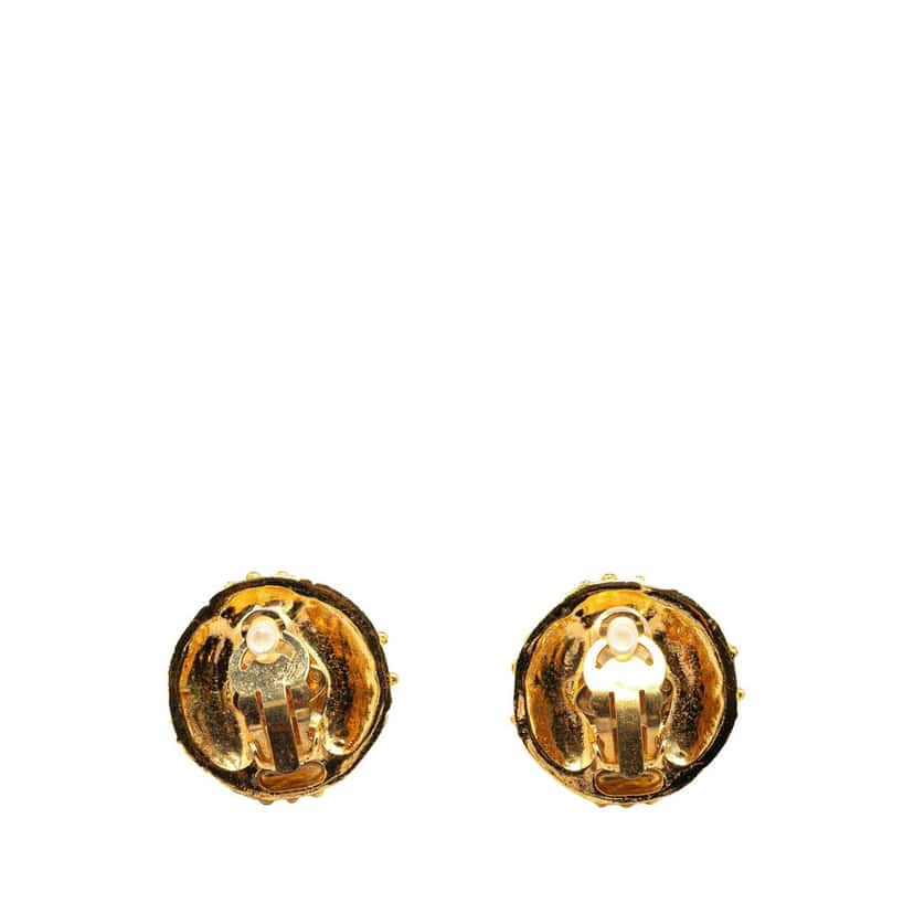 Chanel Gold Plated Round Faux Pearl Rhinestones Clip on Earrings Gold Metal Very good condition - Back View