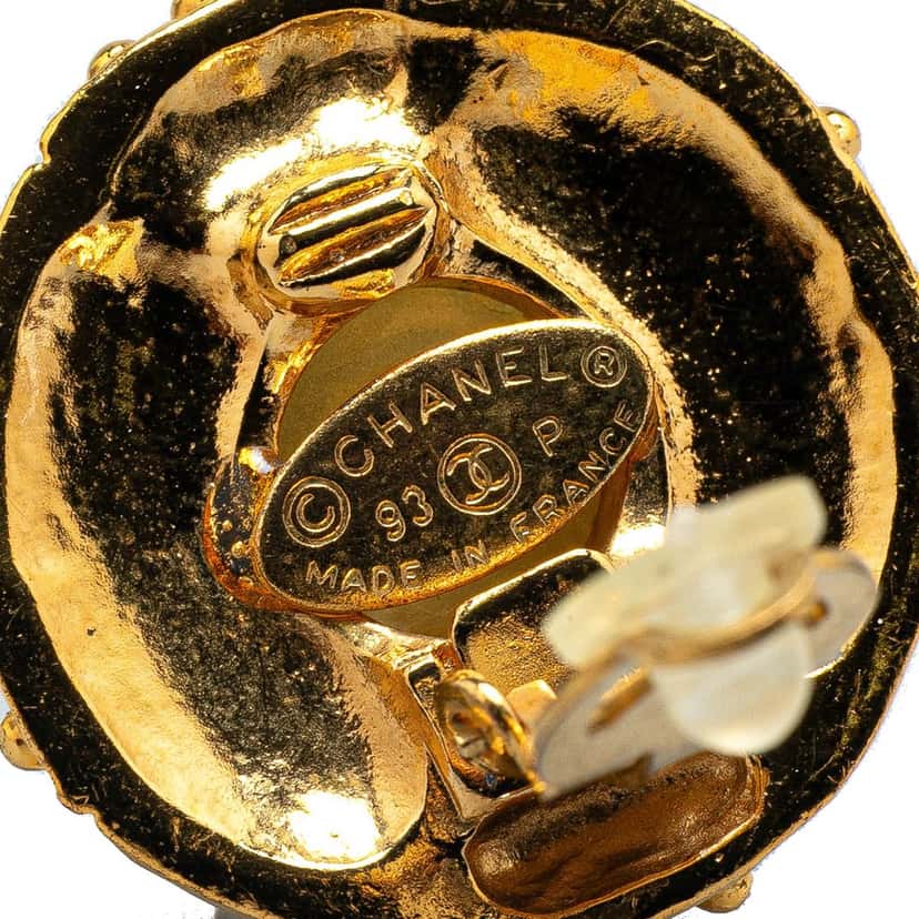 Chanel Gold Plated Round Faux Pearl Rhinestones Clip on Earrings Gold Metal Very good condition - Inside View