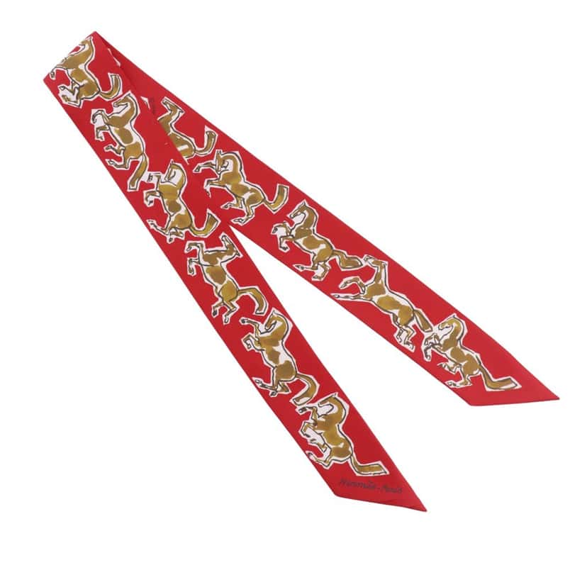 Hermès Chevaux en Liberte Silk Twilly Scarf Red Never worn - Front View