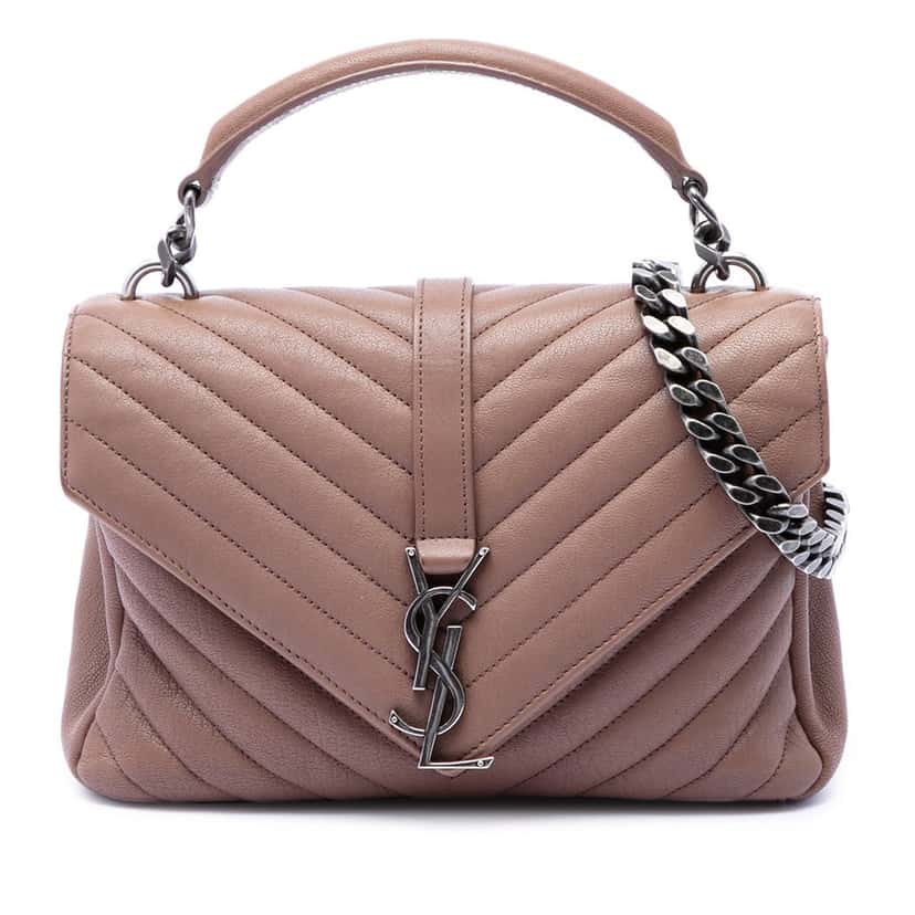 Saint Laurent Medium Chevron Sheepskin Monogram College Satchel Brown Leather Good condition - Front View