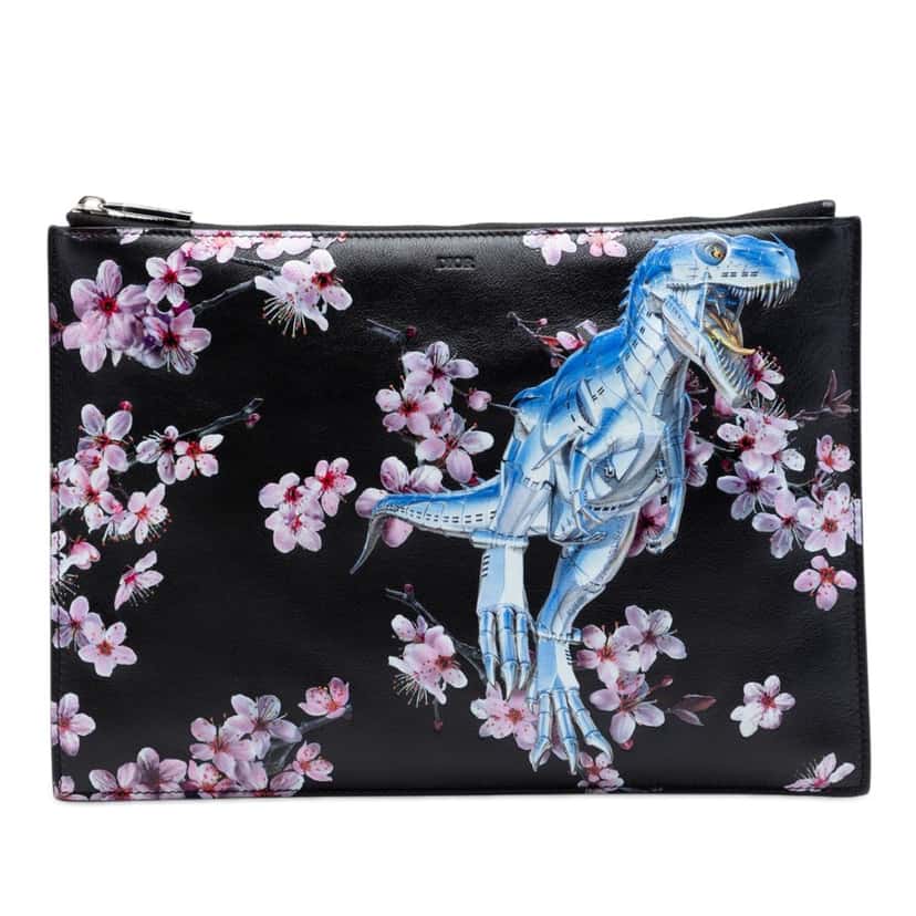 Dior Hajime Sorayama Calfskin Cherry Blossom Dinosaur Print Zip Pouch Black Leather Very good condition - Front View