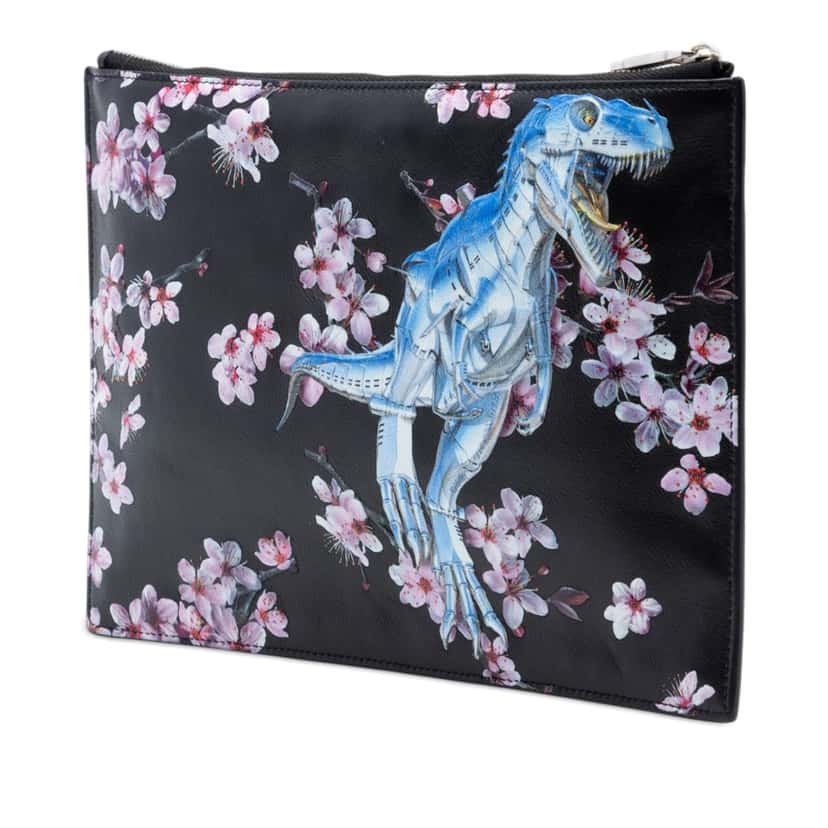 Dior Hajime Sorayama Calfskin Cherry Blossom Dinosaur Print Zip Pouch Black Leather Very good condition - Back View