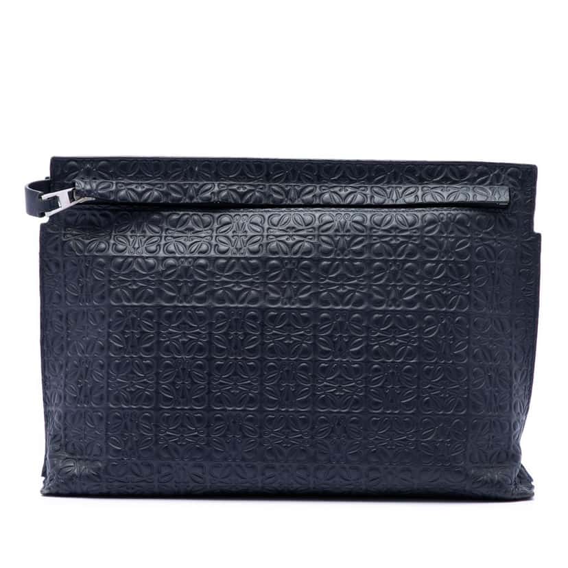 Loewe Embossed Anagram Leather Repeat T Clutch Blue Leather Very good condition - Front View