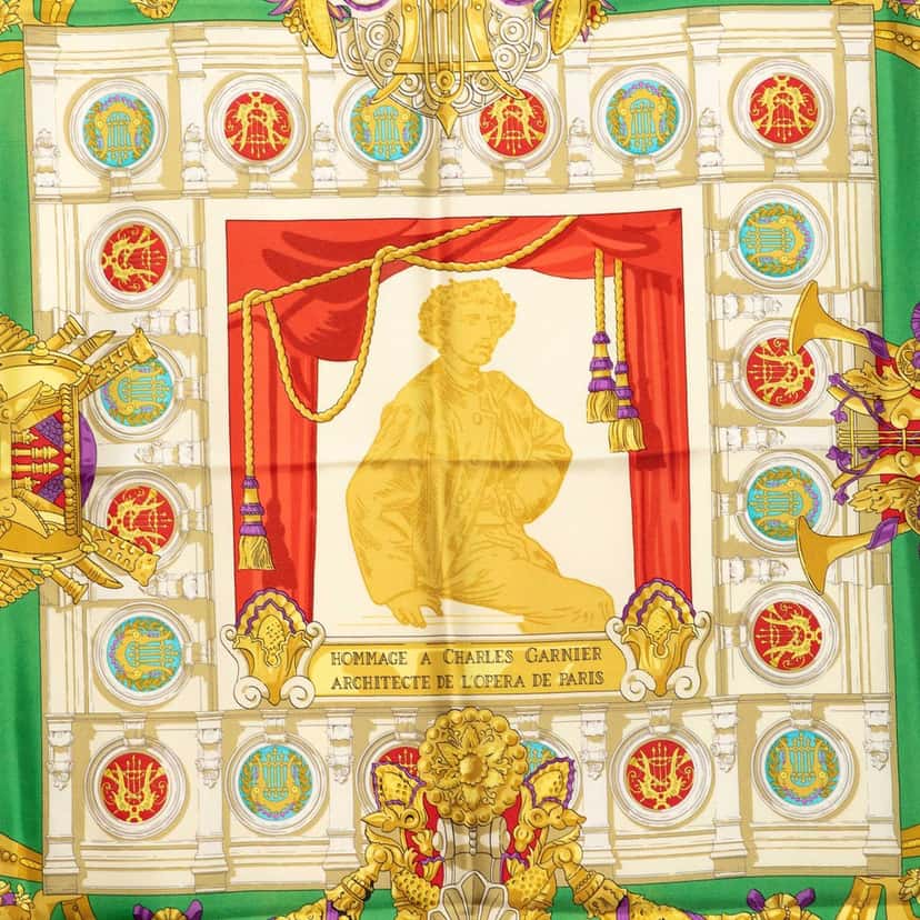Hermès Hommage A Charles Garnier Silk Scarf 90 Green Very good condition - Back View