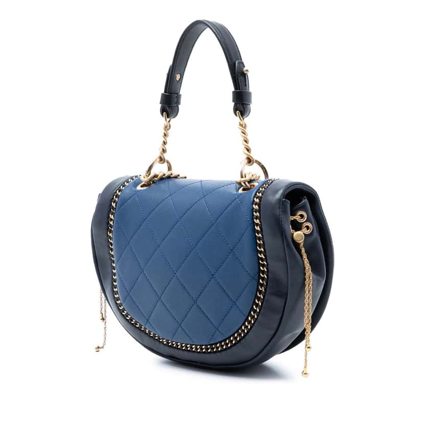 Chanel Small Quilted Lambskin Chain Detail Saddle Bag Blue Leather Very good condition - Back View