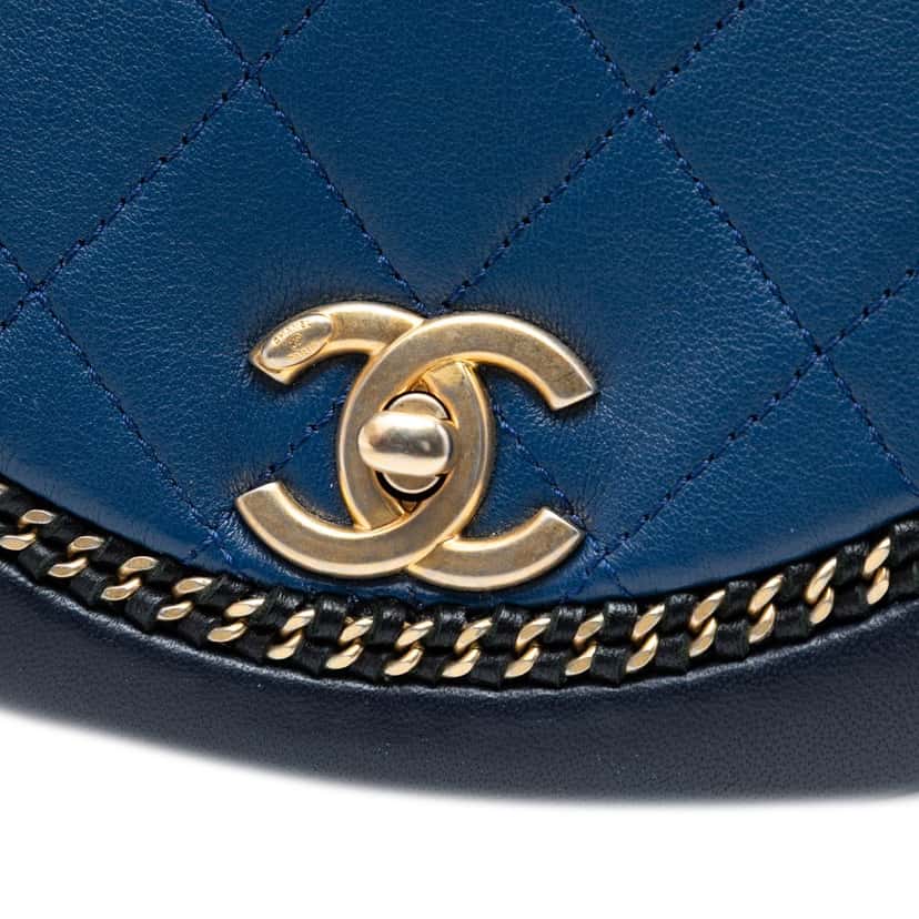 Chanel Small Quilted Lambskin Chain Detail Saddle Bag Blue Leather Very good condition - Box View