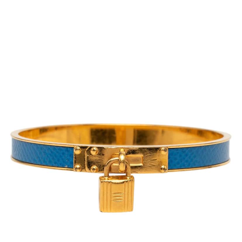 Hermès Gold Plated Courchevel Kelly Cadena Lock Bangle Bracelet Blue Leather Very good condition - Front View