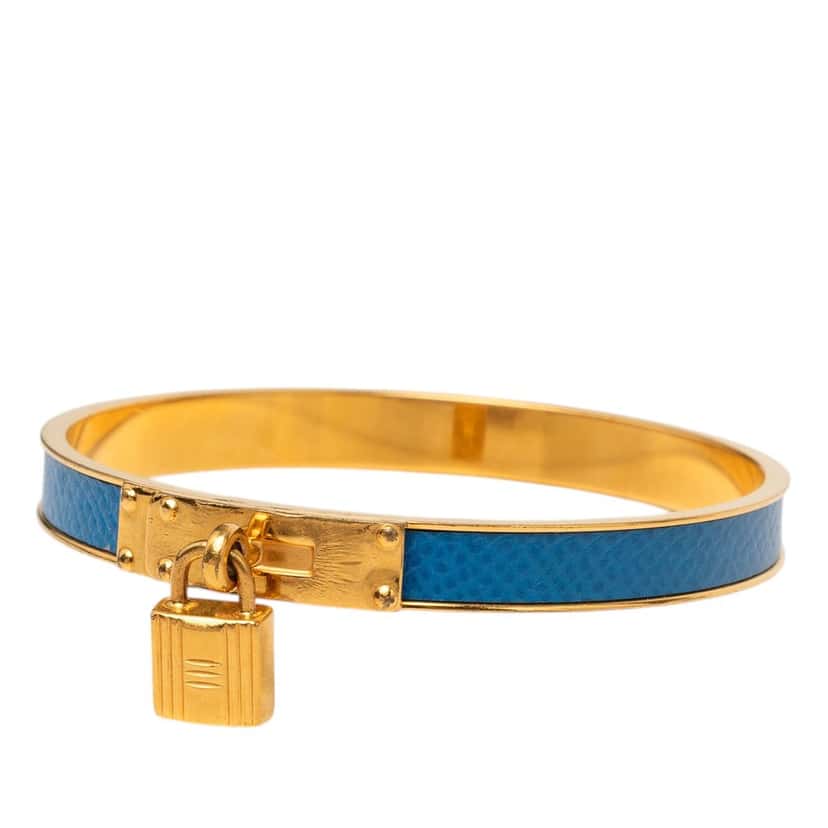 Hermès Gold Plated Courchevel Kelly Cadena Lock Bangle Bracelet Blue Leather Very good condition - Back View