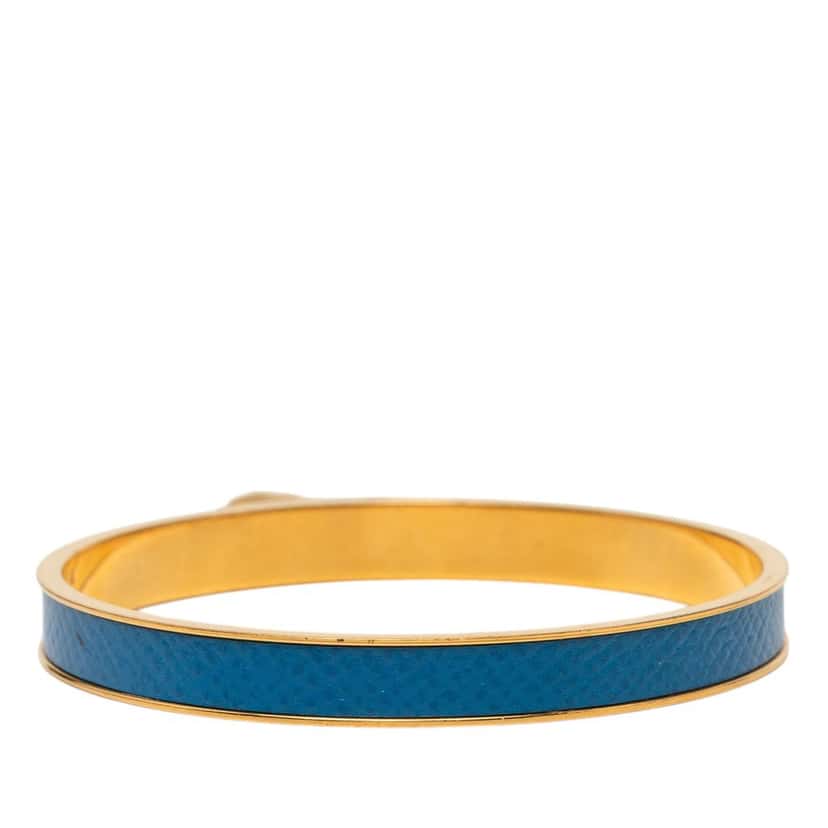 Hermès Gold Plated Courchevel Kelly Cadena Lock Bangle Bracelet Blue Leather Very good condition - Inside View