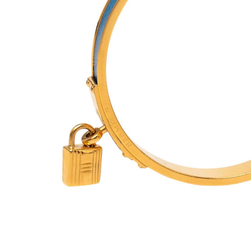 Hermès Gold Plated Courchevel Kelly Cadena Lock Bangle Bracelet Blue Leather Very good condition - Box View