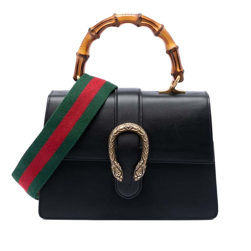 Gucci Medium Calfskin Bamboo Dionysus Web Satchel Black Leather Very good condition - Front View