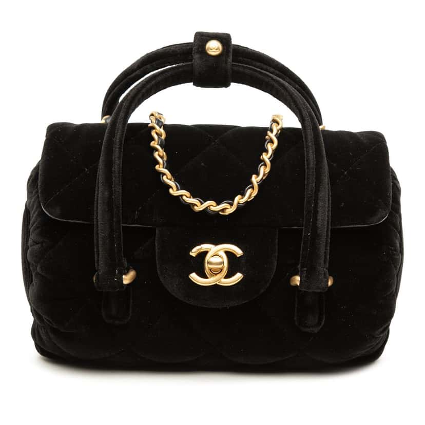 Chanel Mini Quilted Velvet Top Handle Flap Black Very good condition - Front View