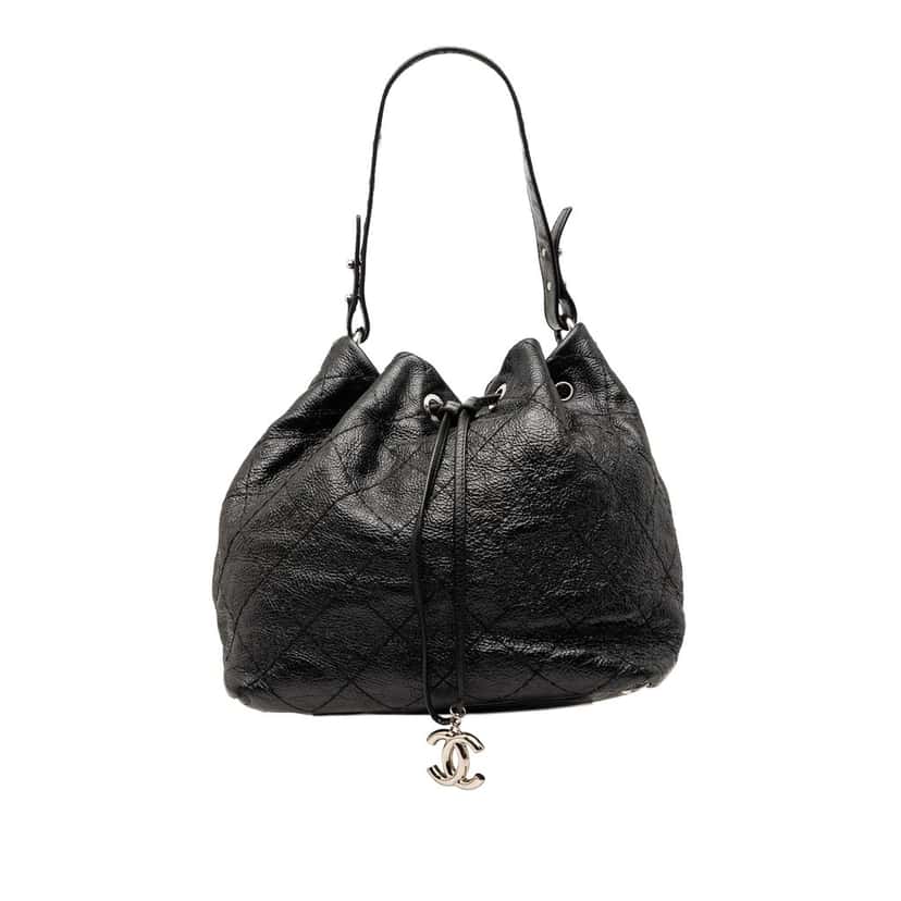 Chanel Glazed Calfskin On The Road Bucket Bag Black Leather Very good condition - Front View