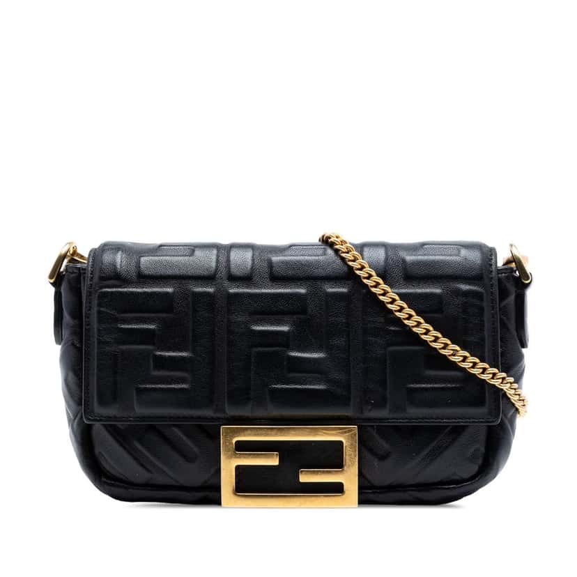 Fendi Mini Zucca Embossed Leather Baguette Satchel Black Leather Very good condition - Front View