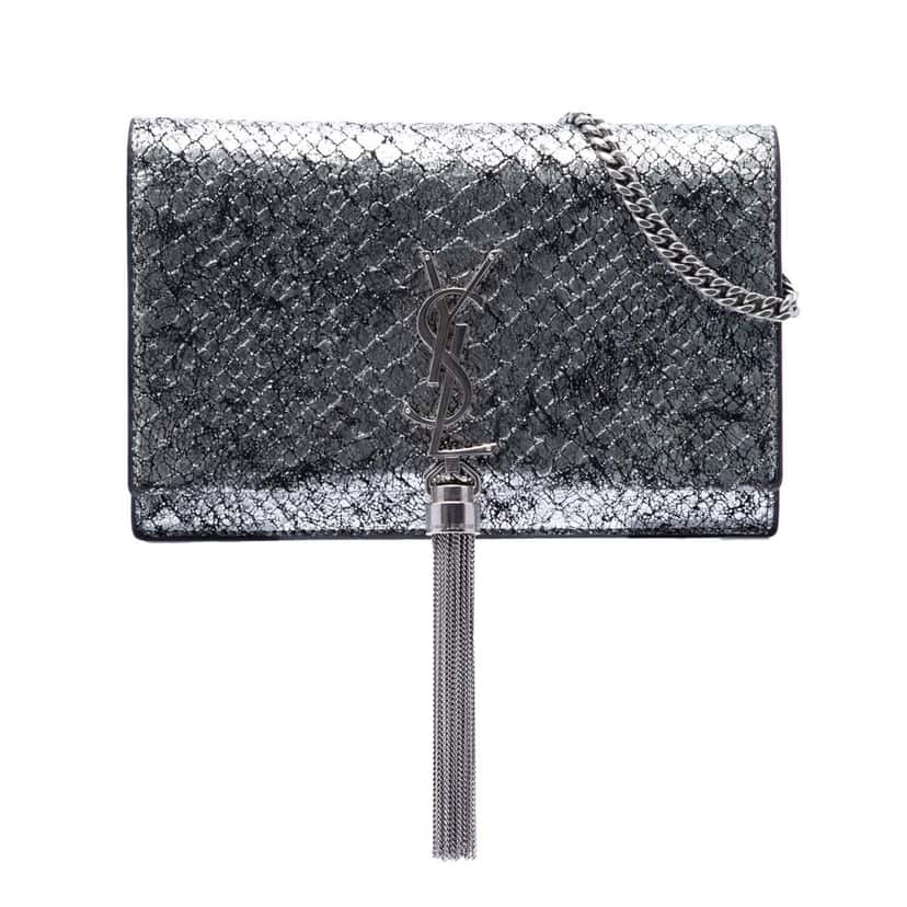 Saint Laurent Python Embossed Metallic Leather Classic Monogram Kate Tassel Wallet on Chain Silver Leather Very good condition - Front View