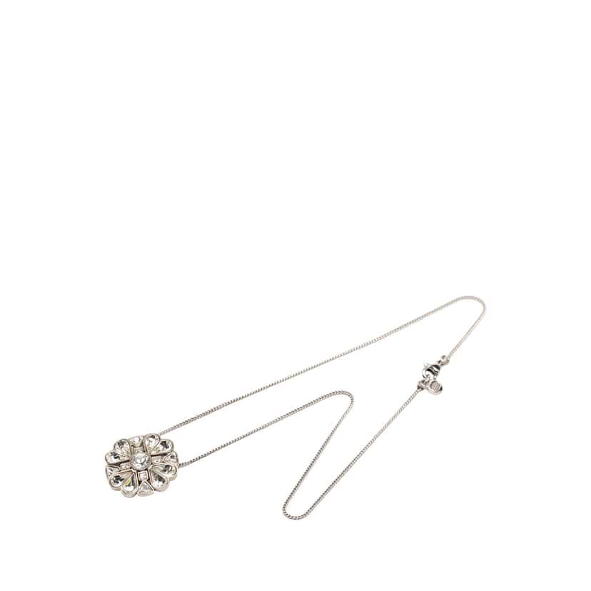 Chanel CC Brass Strass Clover Pendant Necklace Silver Metal Very good condition - Box View